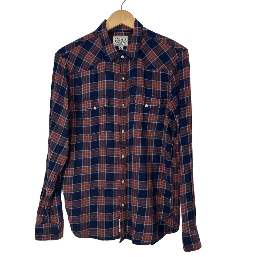 Lucky Brand Plaid Western Pearl Snap Shirt Mens Medium Button Up Long Sleeve‎